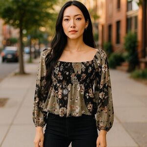 Womens Together Women’s Medium Sheer Floral Peasant Blouse Long Sleeve Boho Top